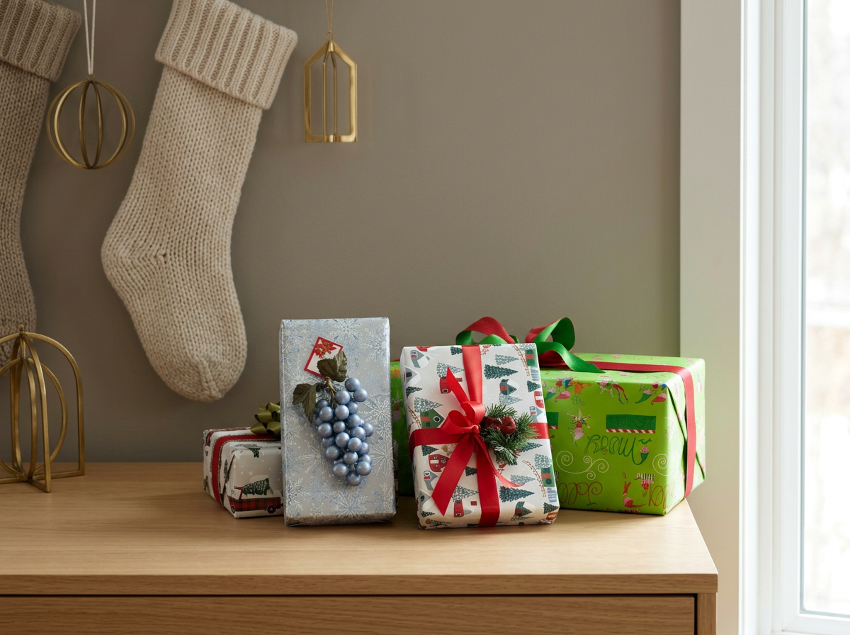 Four Christmas presents wrapped in festive paper with ribbons are placed on a wooden surface near a window, with Christmas stockings and gold ornaments hanging on the wall behind.