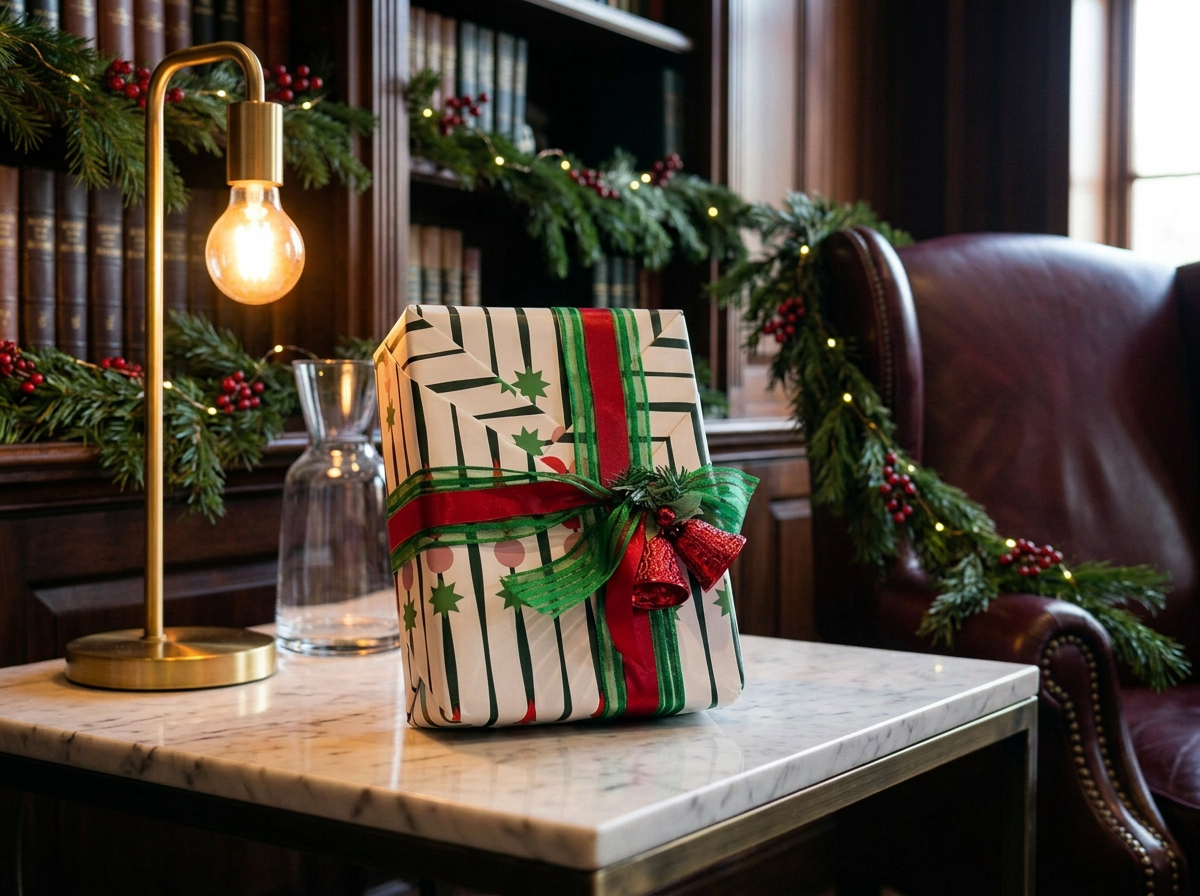 A wrapped Christmas gift in a Classic Elegant theme with green, red, and black striped ribbon and a small bell decoration on a marble table.