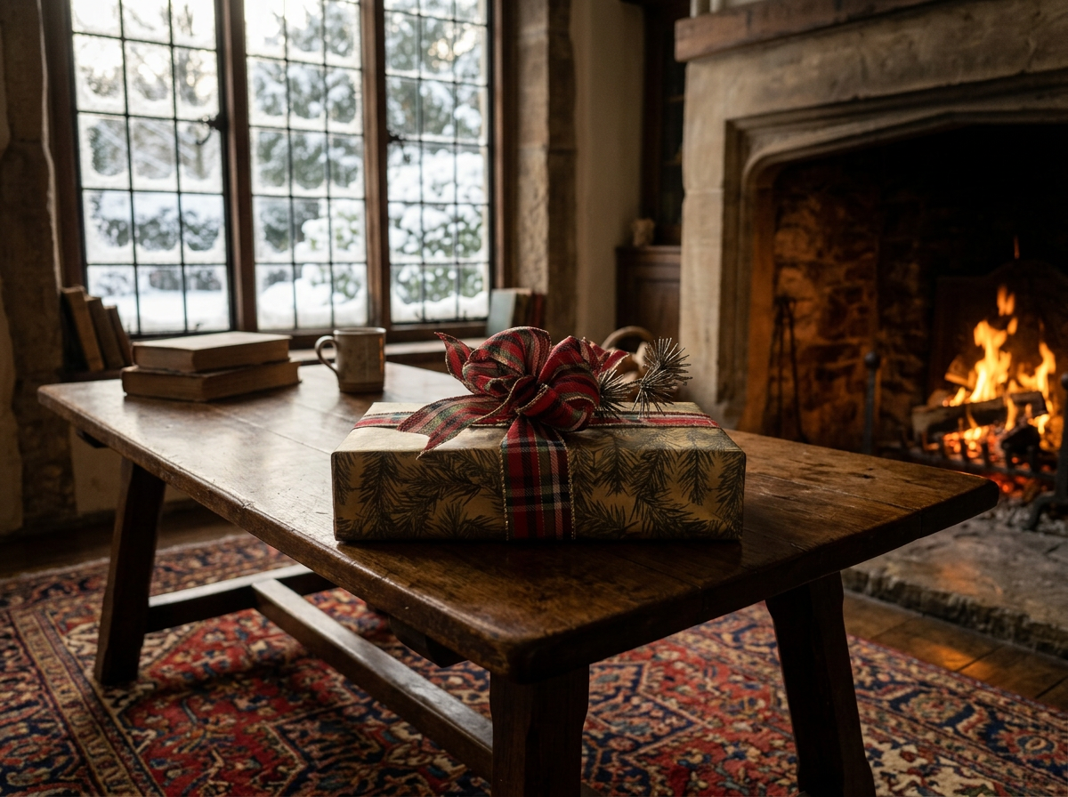 A Woodsy & nature wrapped Christmas gift with a red plaid ribbon and pine sprig on a rustic wooden table in front of a fireplace, with books and a mug, in a cozy room with large snow-covered windows.