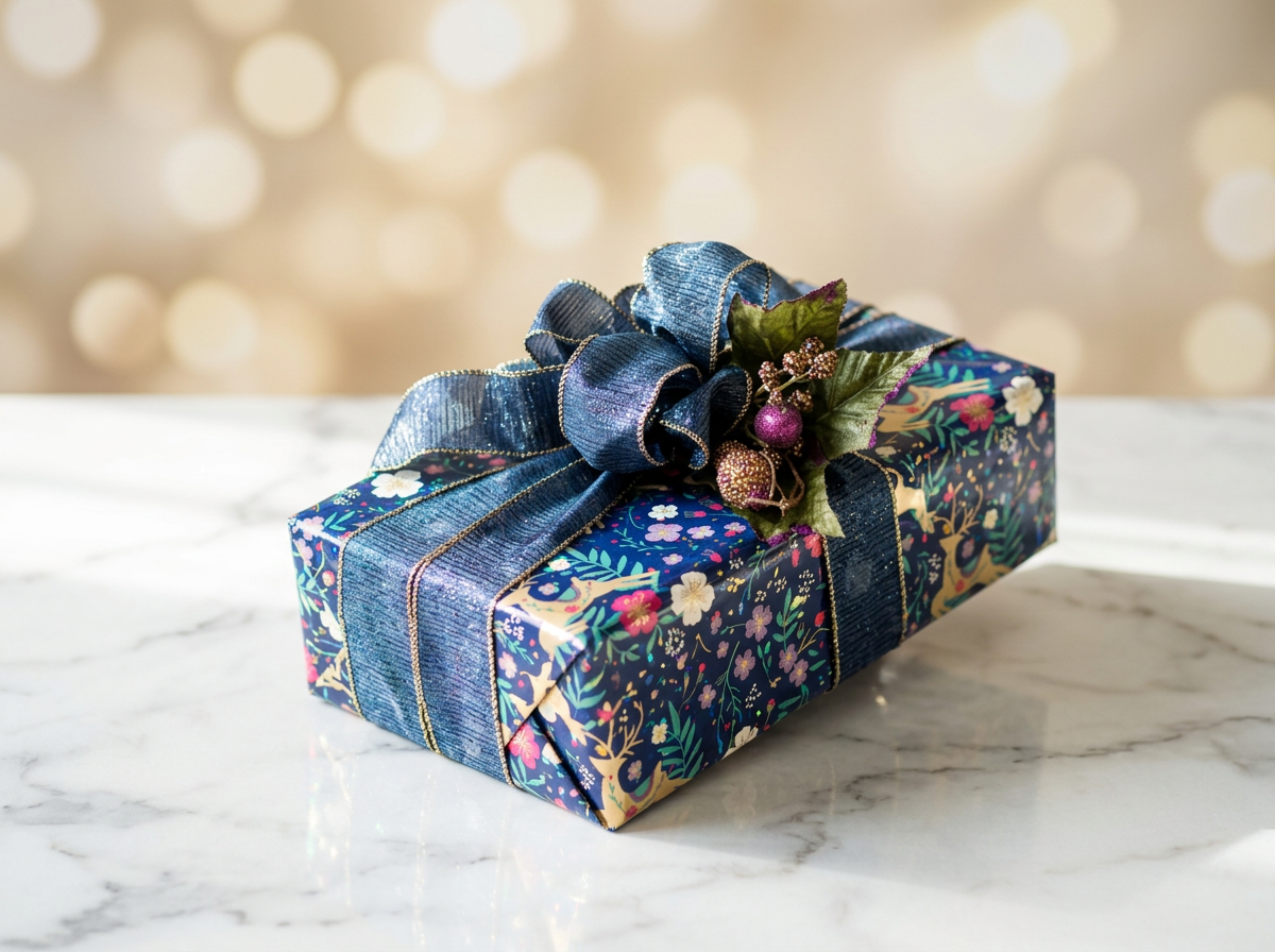 A wrapped holiday gift in a Modern Metallic theme with dark floral wrapping paper with a large blue satin bow and holiday decorations on top, placed on a marble surface with bokeh light background.