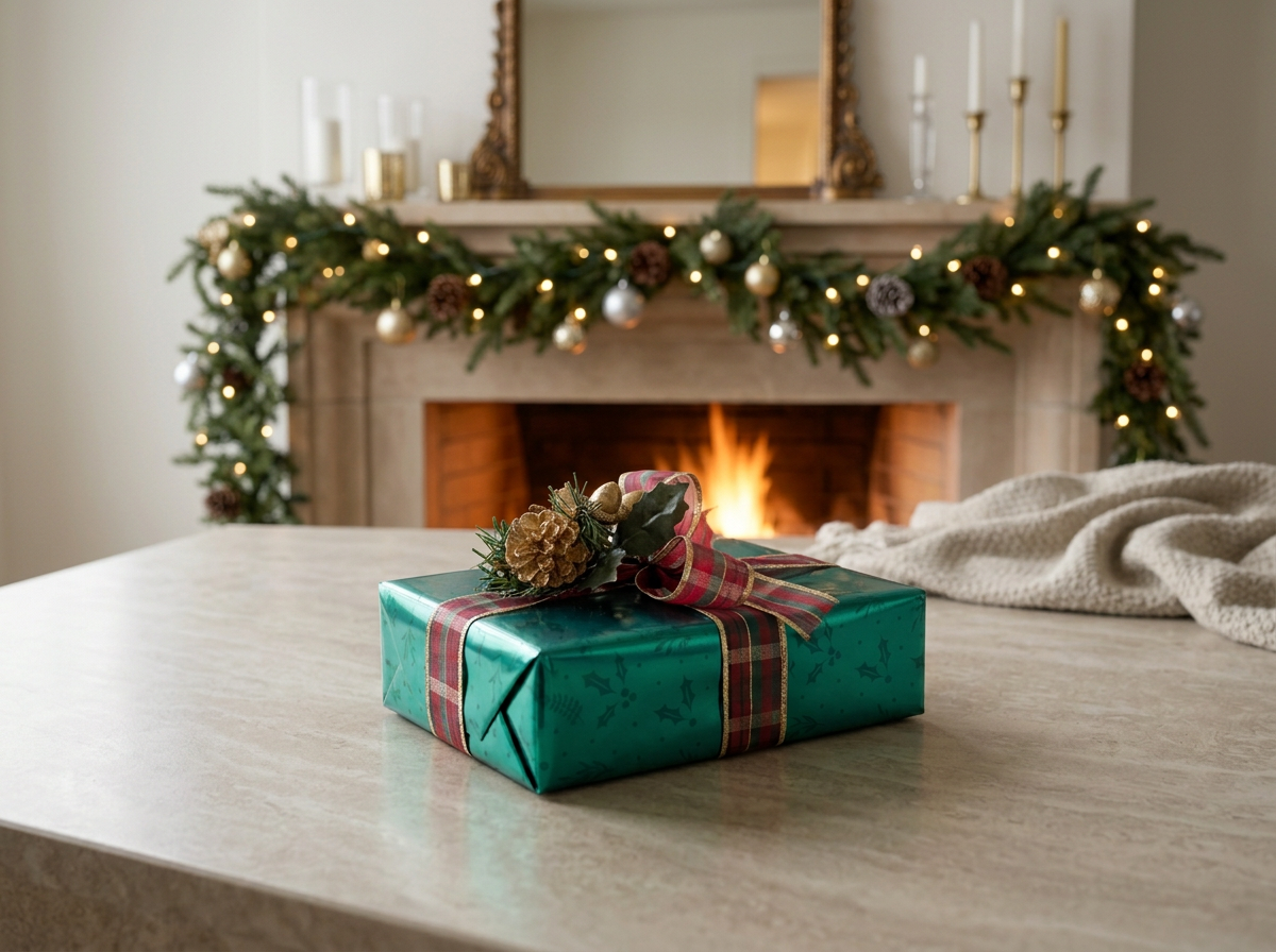 A custom wrapped Christmas gift with Modern Metallic a plaid ribbon and holiday decorations on top, sitting on a table near a fireplace with a Christmas garland and candles.