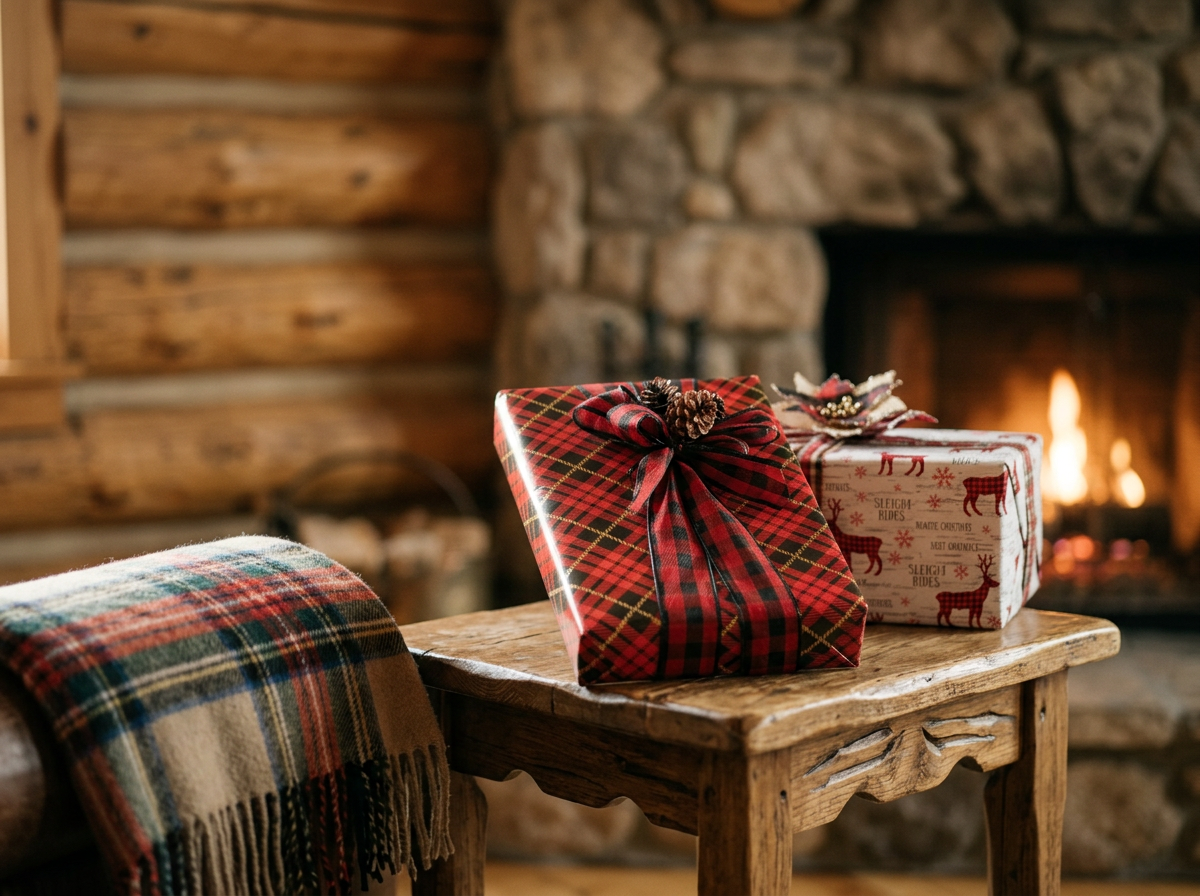 Two wrapped Christmas presents in a Woodsy & Nature theme on a rustic wooden table in front of a cozy fireplace.