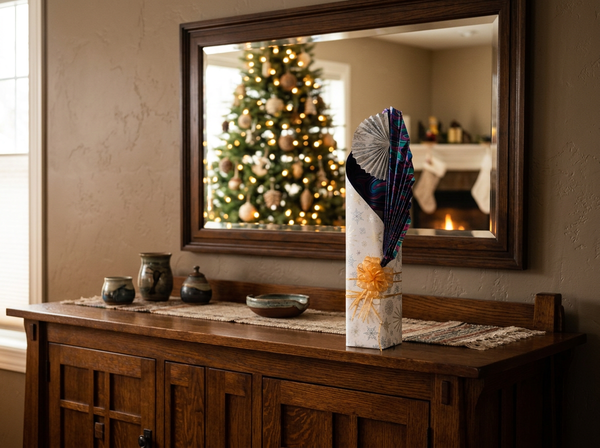 Elegant gift wrapped bottle as a holiday centerpiece with colorful paper fans in a white gift bag, placed on a wooden sideboard in front of a mirror, with a Christmas tree reflected in the mirror, and holiday decorations in the background.