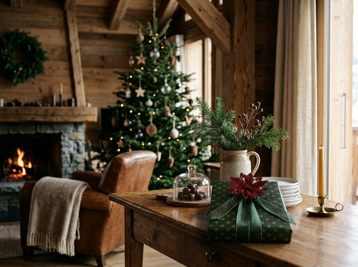 Cozy room decorated for Christmas with a Christmas tree, a fireplace, and festive table decor including a wrapped gift in a Classic Elegant theme, pine branch centerpiece, and candles.