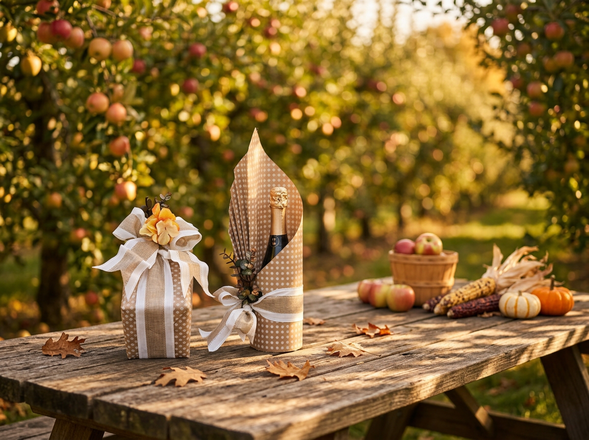 A rustic wooden table outdoors in an apple orchard with apples on trees in the background. On the table is a custom bottle wrap and gifts a basket of apples, and some gourds and corn cobs. Autumn leaves are scattered across the table.