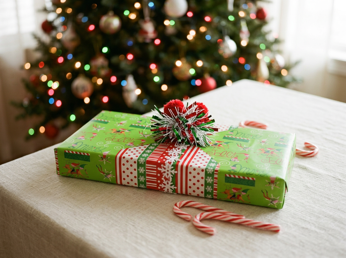 Wrapped Christmas gift with a Kids & Whimsical theme with festive paper, a decorative bow, and candy canes on a table in front of a decorated Christmas tree.