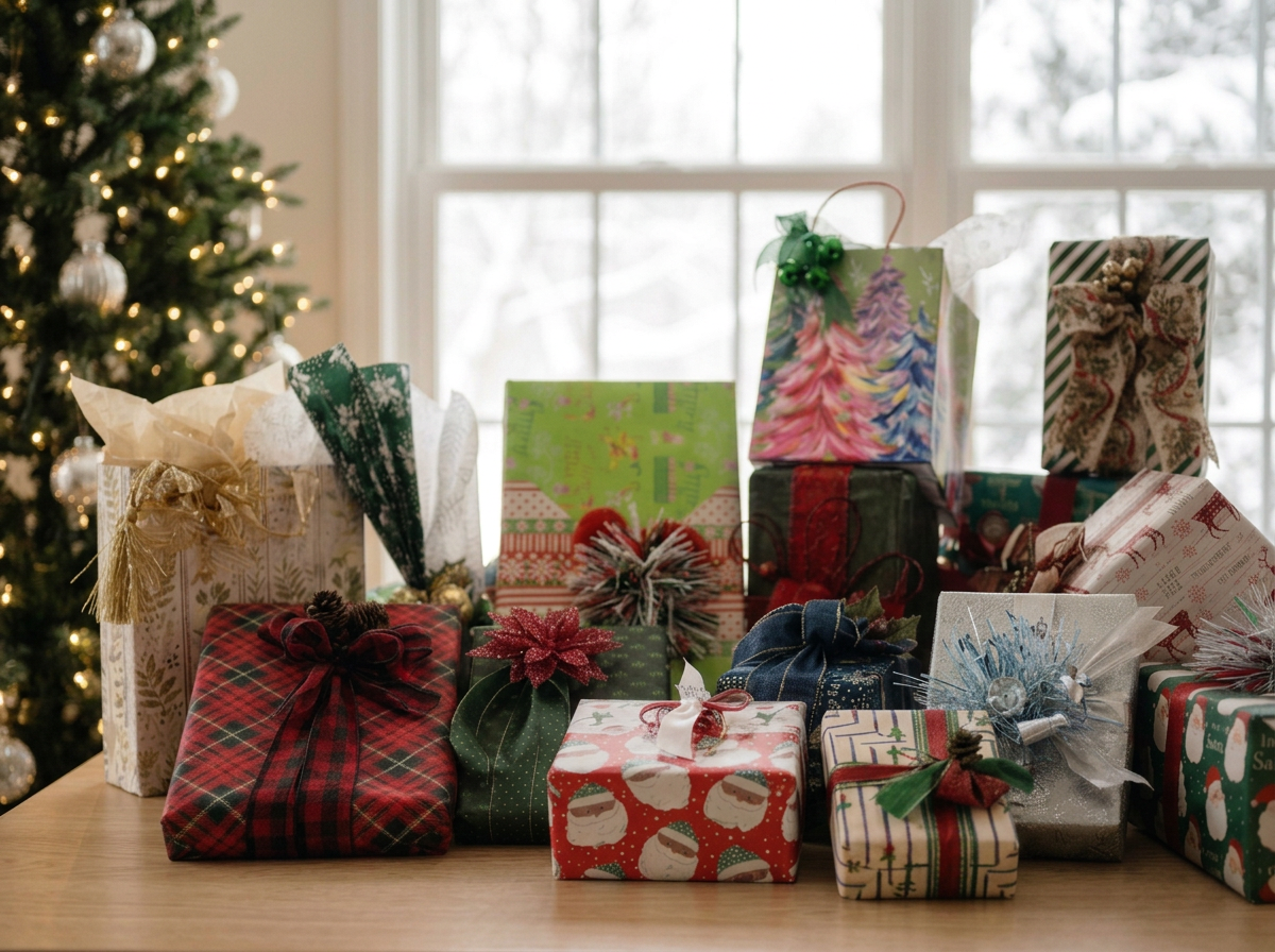 A table filled with various wrapped Christmas gifts in four different themes, sizes, colors, and patterns, next to a decorated Christmas tree with lights, in a warmly lit room with windows showing snow outside.