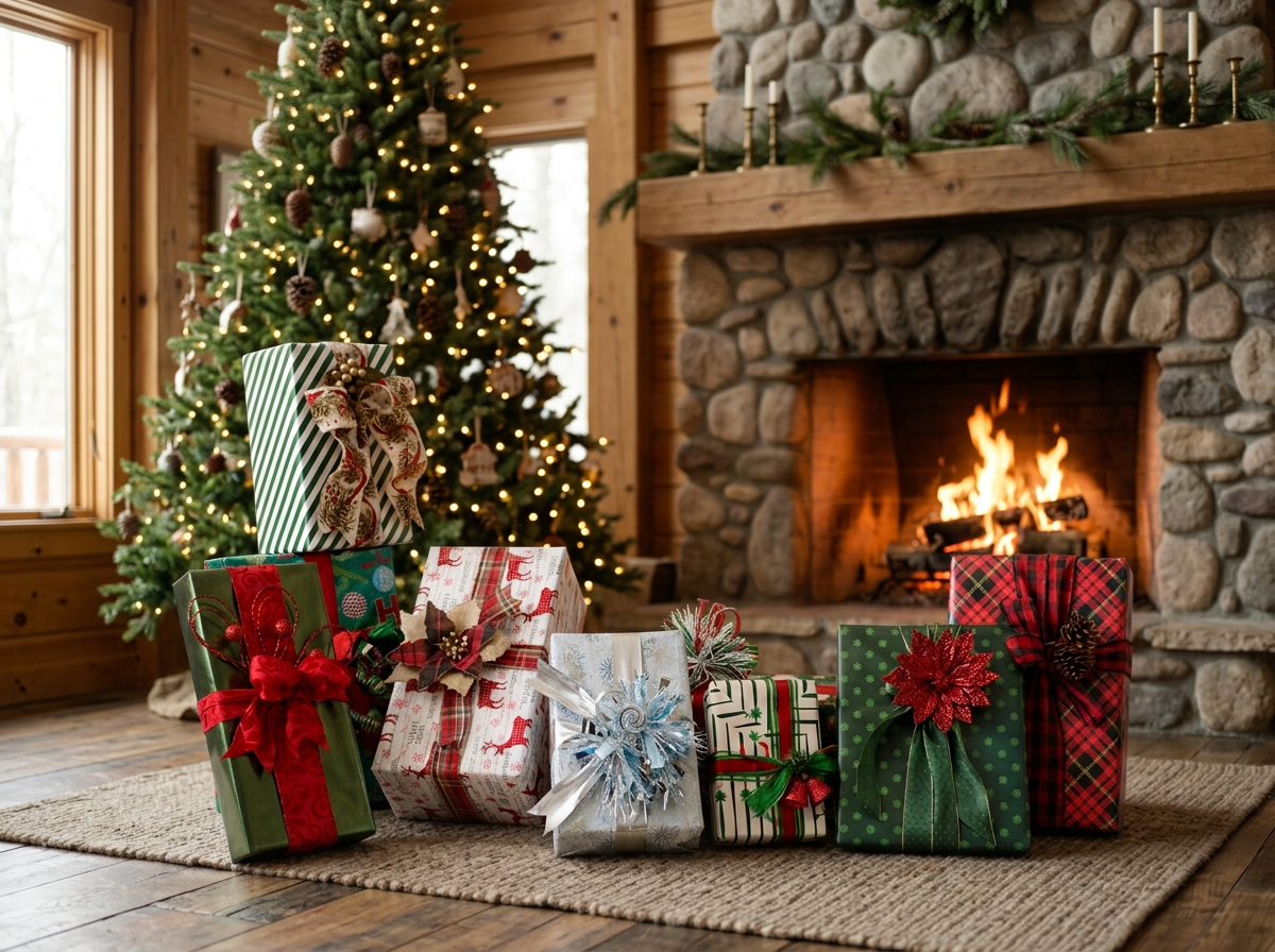 Christmas presents with multiple themes, ribbons and bows are arranged on a rug in front of a stone fireplace with a fire burning. A decorated Christmas tree with lights and ornaments is in the background.
