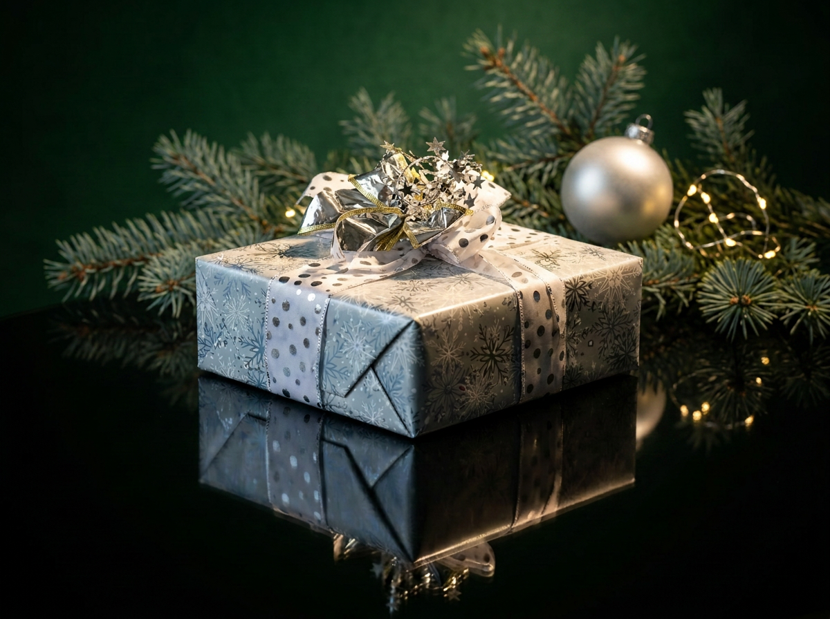 A wrapped Christmas gift in a Modern Metallic theme  with silver snowflake and dot patterns, topped with a decorative bow and star embellishments, surrounded by evergreen branches, a silver Christmas bauble, and small string lights.
