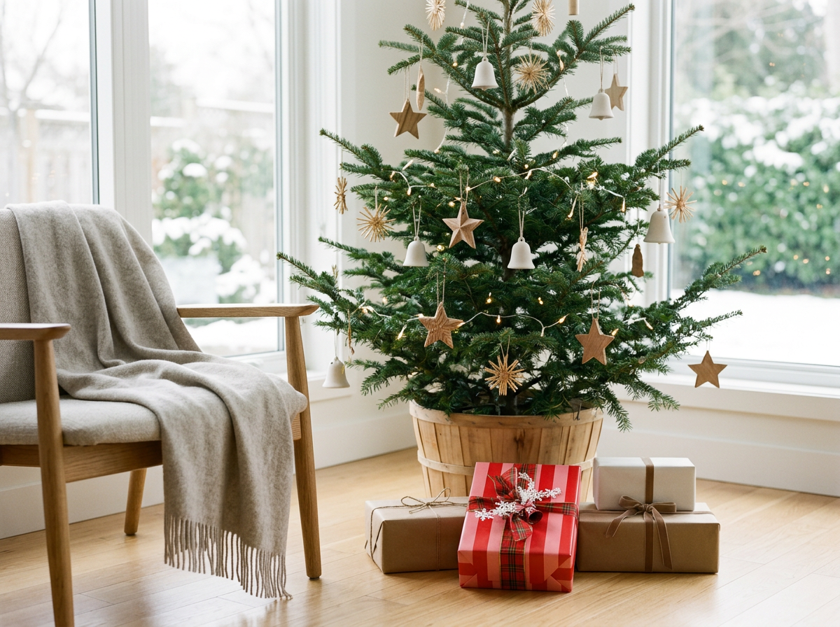 Indoor Christmas scene with a decorated Christmas tree in a pot, holiday presents underneath, and large windows showing a snowy outdoor landscape.