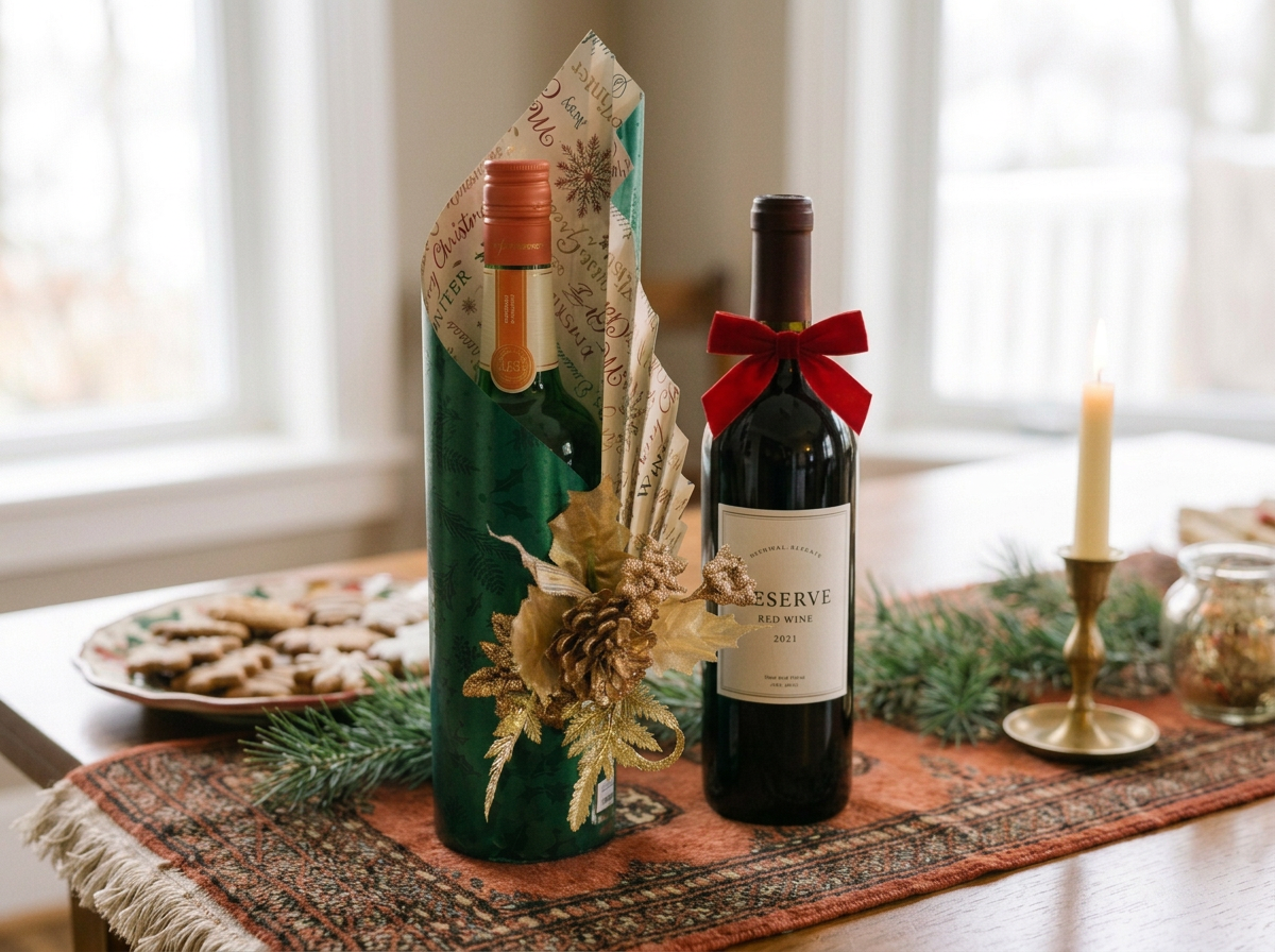 A table decorated for Christmas with a bottle of red wine in a plain ordinary bow, a wrapped gift bottle done in a Classic Elegant Theme.  A candle, and a plate of cookies, with holiday decorations and greenery.