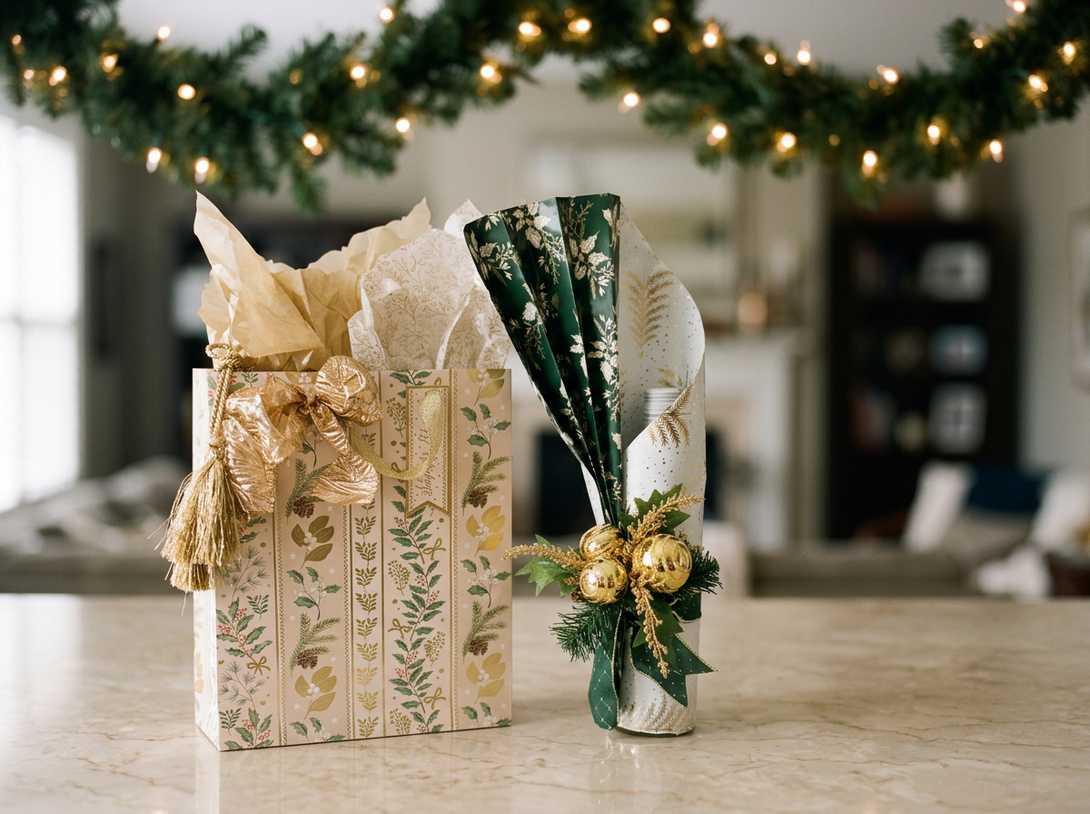 Classic Elegant Decorated gift bag and bottle wrap with gold ornaments, greenery, and ribbons on a marble countertop with Christmas lights and greenery in the background