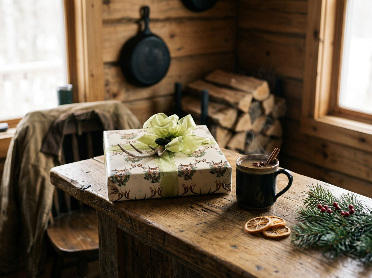 A Woodsy & nature wrapped Christmas gift, a steaming cup of coffee with cinnamon sticks, dried orange slices, and a sprig of pine with red berries on a rustic wooden table in a cozy cabin.
