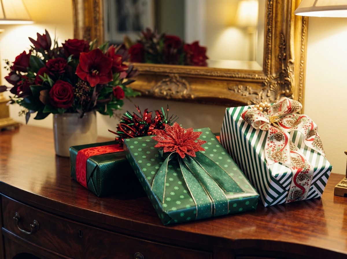 Christmas presents in a Classic Elegant theme on a wooden table with a flower arrangement and a large ornate mirror in the background.