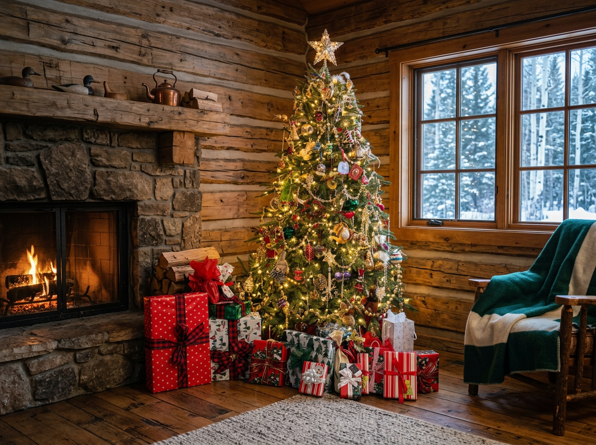 Decorated Christmas tree with presents underneath in a cozy log cabin living room with a stone fireplace and a window showing snow outside.