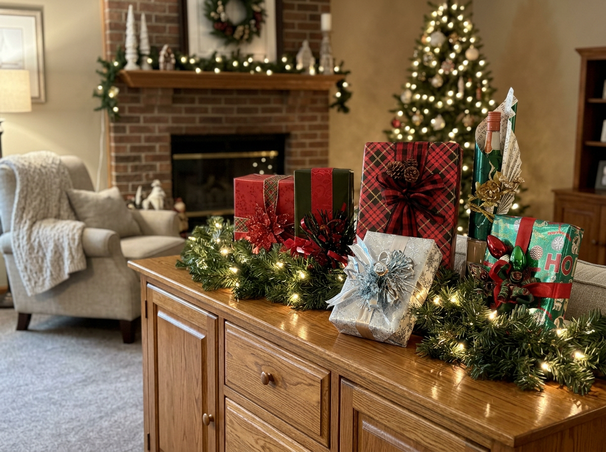 Holiday decorated living room with Classic Elegant presents, Christmas tree, fireplace, and cozy armchair.