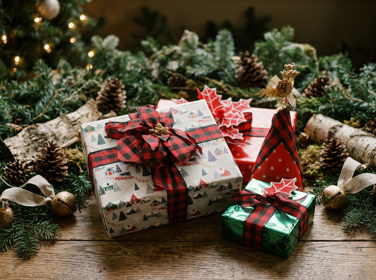 Christmas presents wrapped in Woodsy & Nature holiday paper with ribbons and bows, surrounded by pine branches, pinecones, and gold jingle bells on a wooden surface.