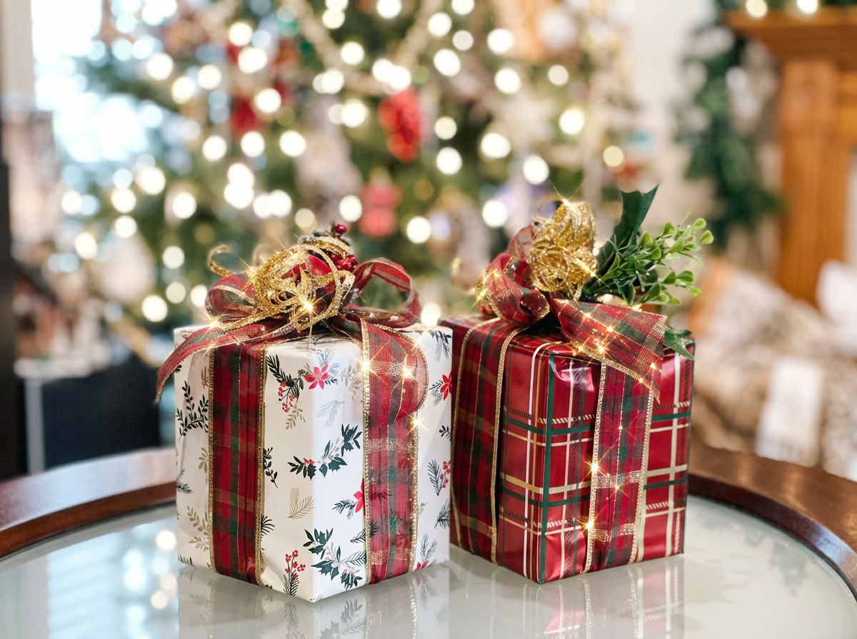 Two Christmas presents wrapped with Classic Elegant themed paper, ribbons, and bows, placed on a glass table with a decorated Christmas tree in the background.