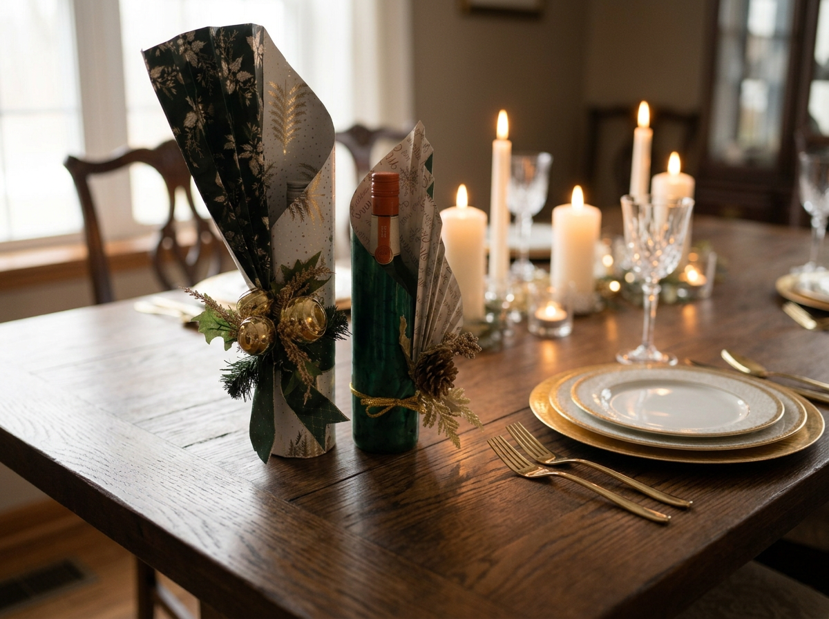 A decorated Christmas table set with gold-rimmed plates, gold cutlery, and crystal glasses. The table features lit candles and two Classic Elegant gift wrapped bottles with decorations, greenery, and golden bells.