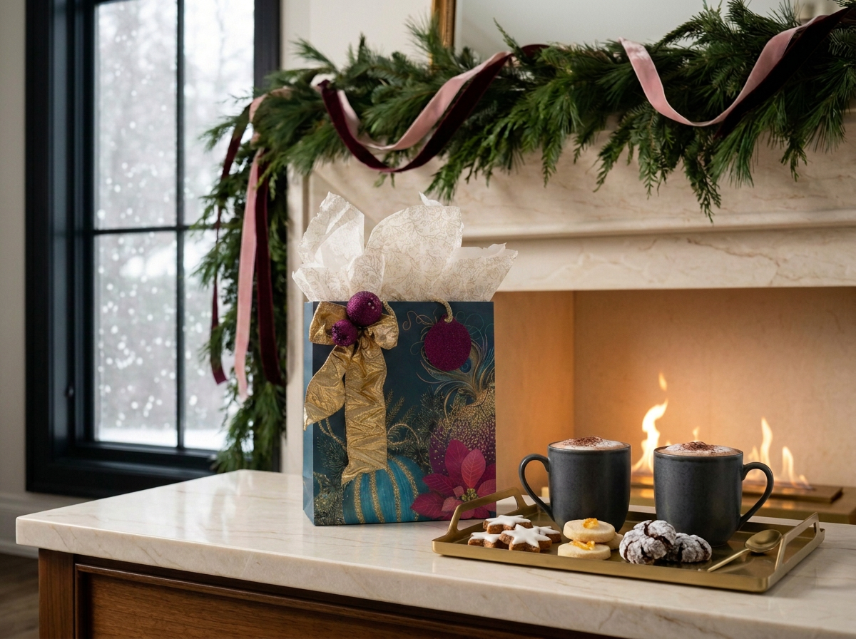 Christmas gift bag in Classic Elegant theme, two mugs of hot chocolate with whipped cream, and assorted cookies on a tray on a kitchen counter near a fireplace and decorated with holiday greenery.