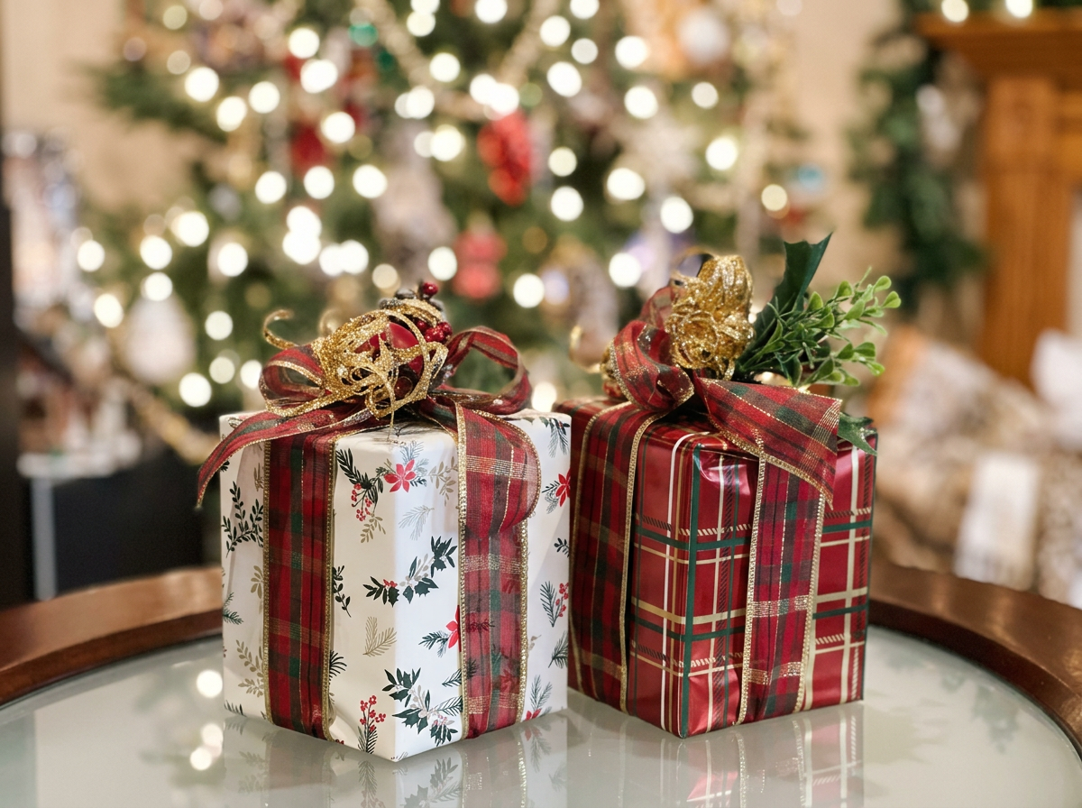 Two beautifully wrapped Christmas presents on a glass table with a decorated Christmas tree in the background.