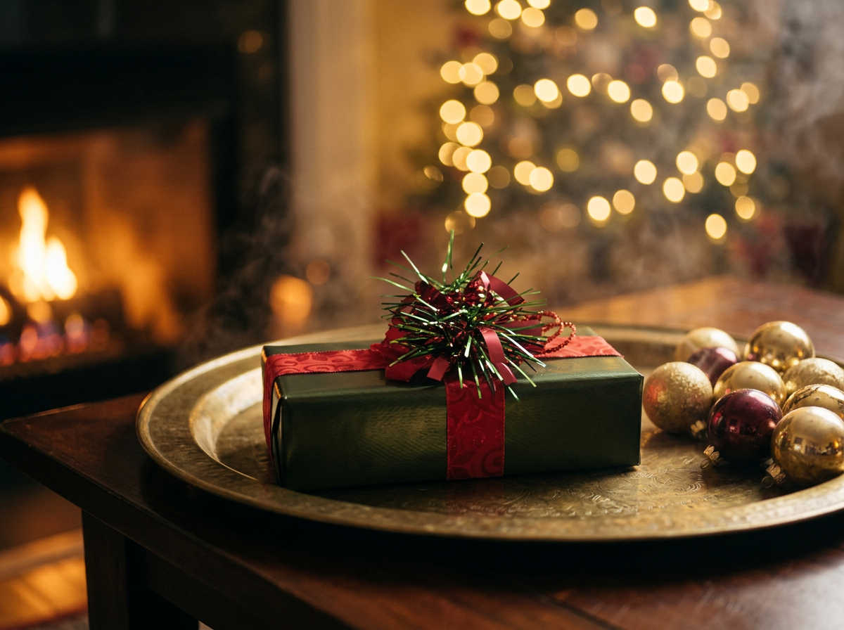 A Christmas gift wrapped in Classic Elegant theme with green paper with a red ribbon and a decorative bow, placed on a silver tray alongside gold and red ornaments, with a decorated Christmas tree and a fireplace in the background.