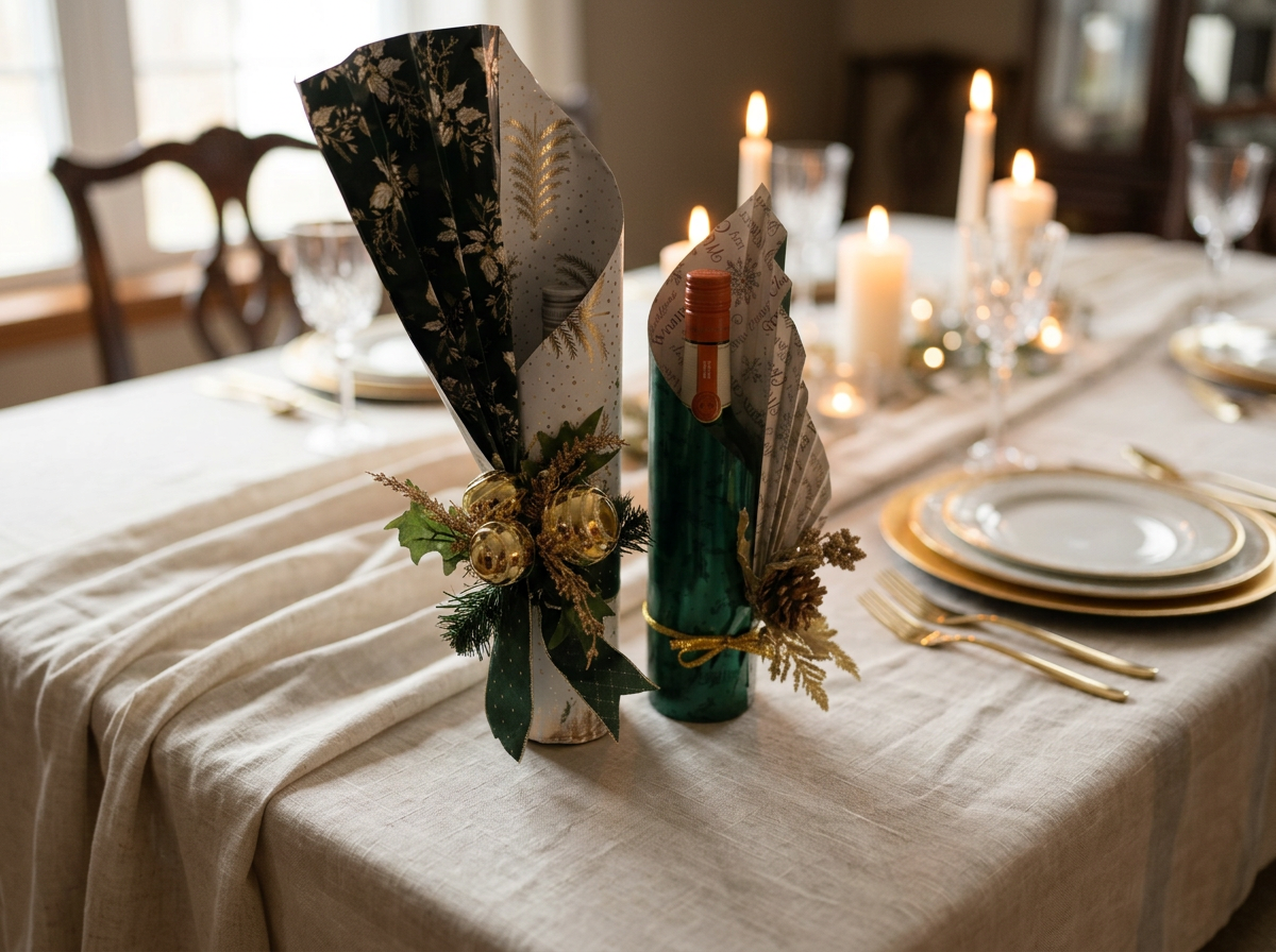 Christmas-themed Bottle Wraps that act as  table centerpiece with decorative paper, greenery, and gold ornaments on a dining table with gold-rimmed plates, gold cutlery, and lit candles.