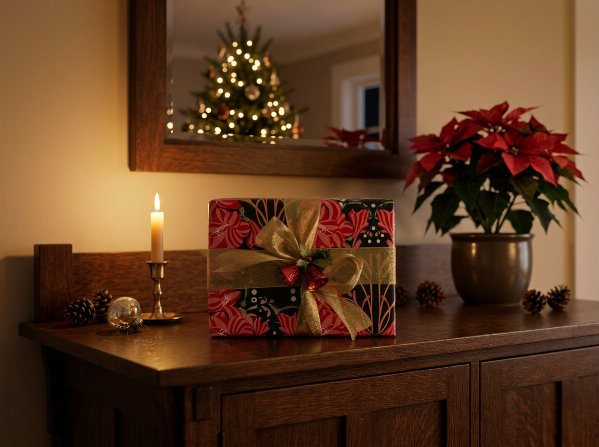 A decorated Christmas tree with lights reflected in a mirror, a poinsettia plant, a lit candle, a wrapped Classic Elegant gift with a gold bow, and holiday ornaments on a wooden sideboard.