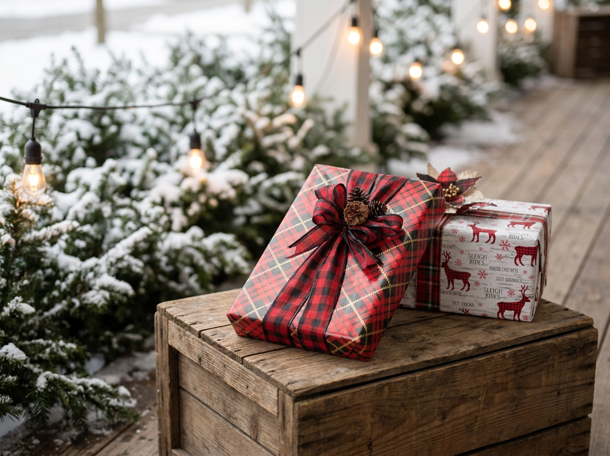 Two wrapped Christmas presents with a Woodsy & Nature theme with hand tied bows sit on a rustic wooden table outdoors, with snow-covered evergreen bushes and string lights in the background.