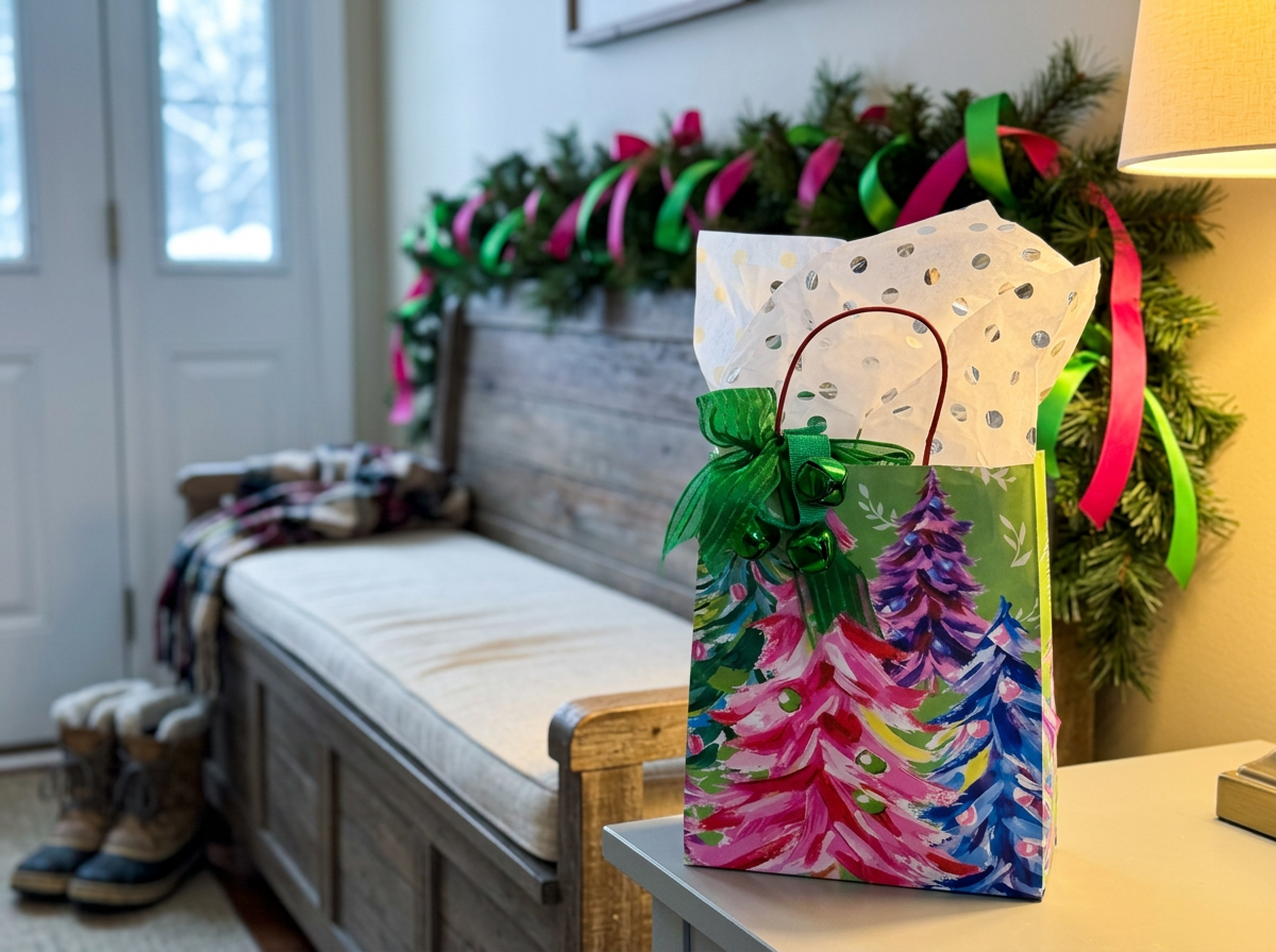 A colorful holiday gift bag with a Whimsical theme, styled with a Christmas tree design, decorated with a green ribbon and jingle bells, placed on a table in a festive room.