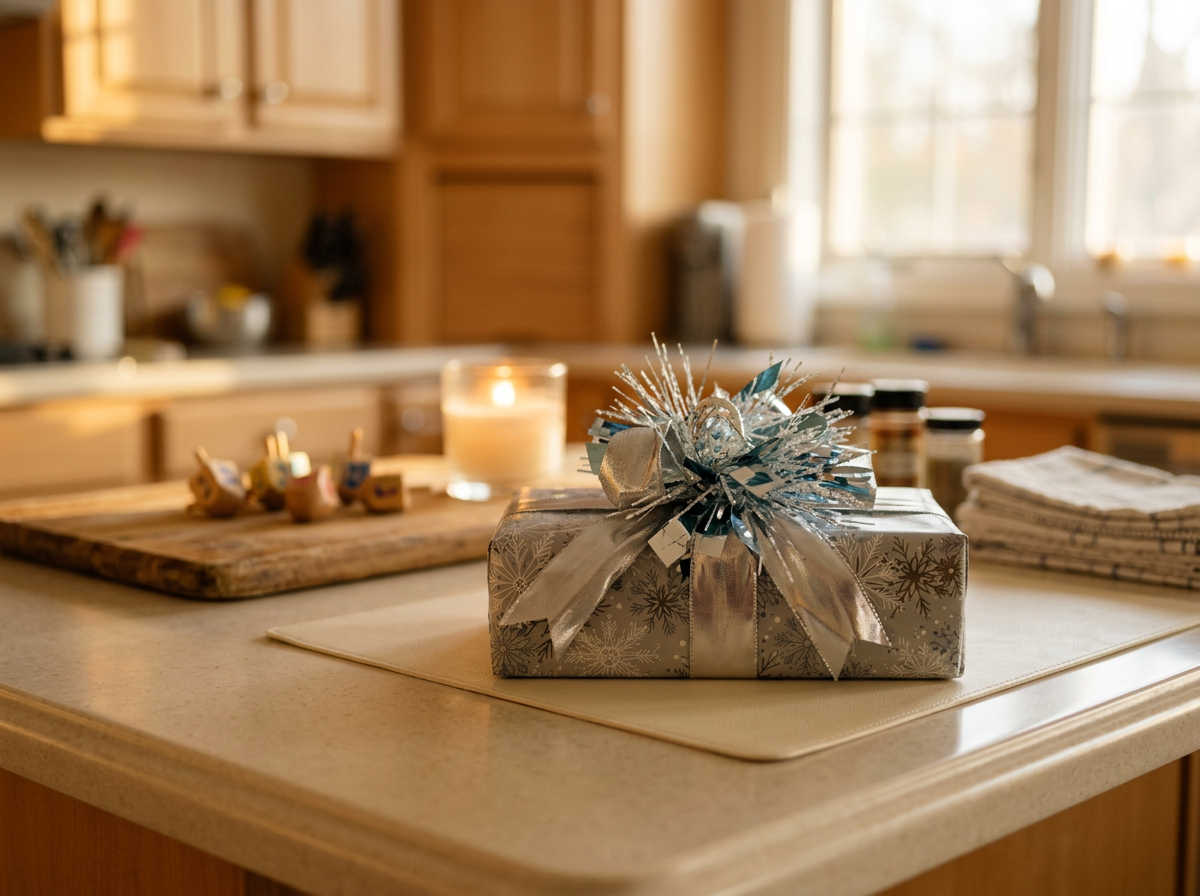 A  Modern Metallic gift wrapped with a decorative bow on a kitchen countertop, with candles and Hanukkah items in the background.