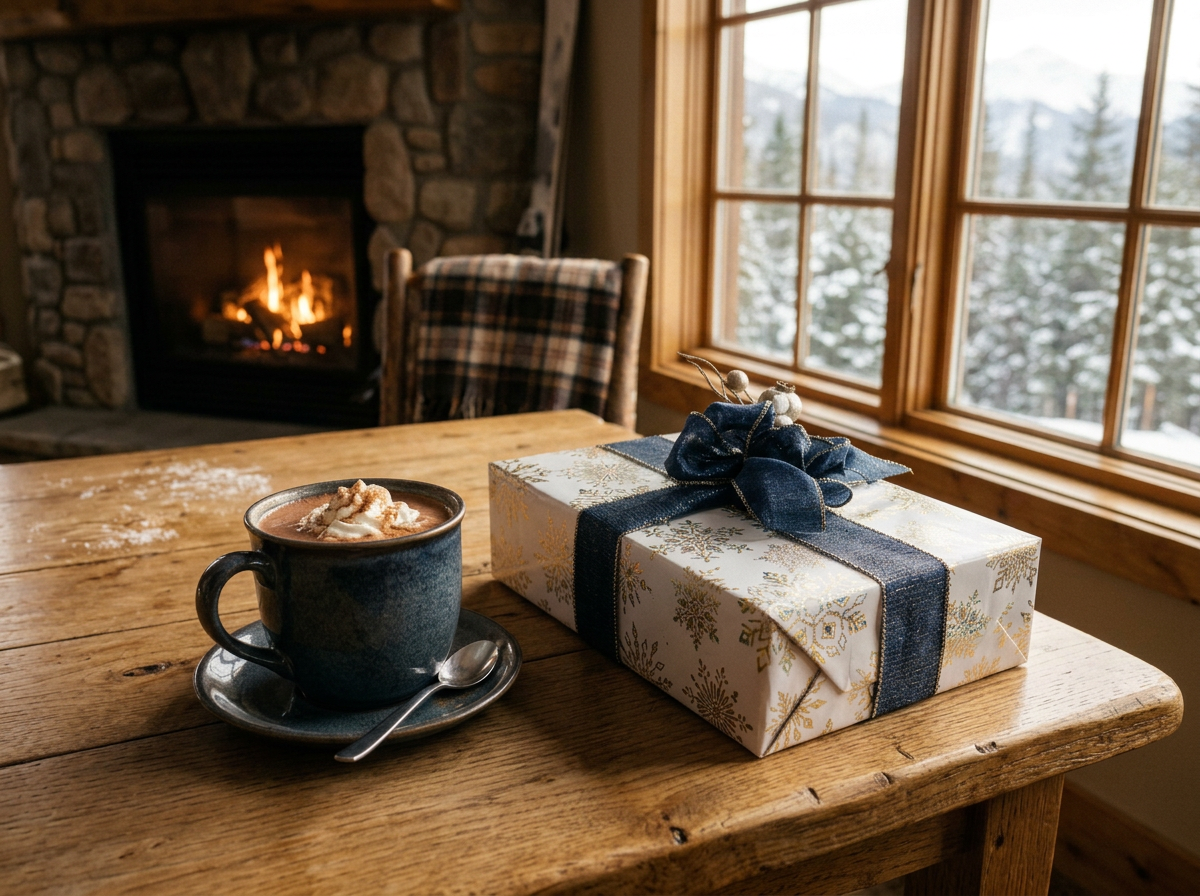 An elegant gift with gold patterns and a navy blue ribbon topped with a bow, placed on a wooden table next to a mug of hot chocolate with whipped cream and a cozy room with a stone fireplace and large windows showing snow-covered trees outside.