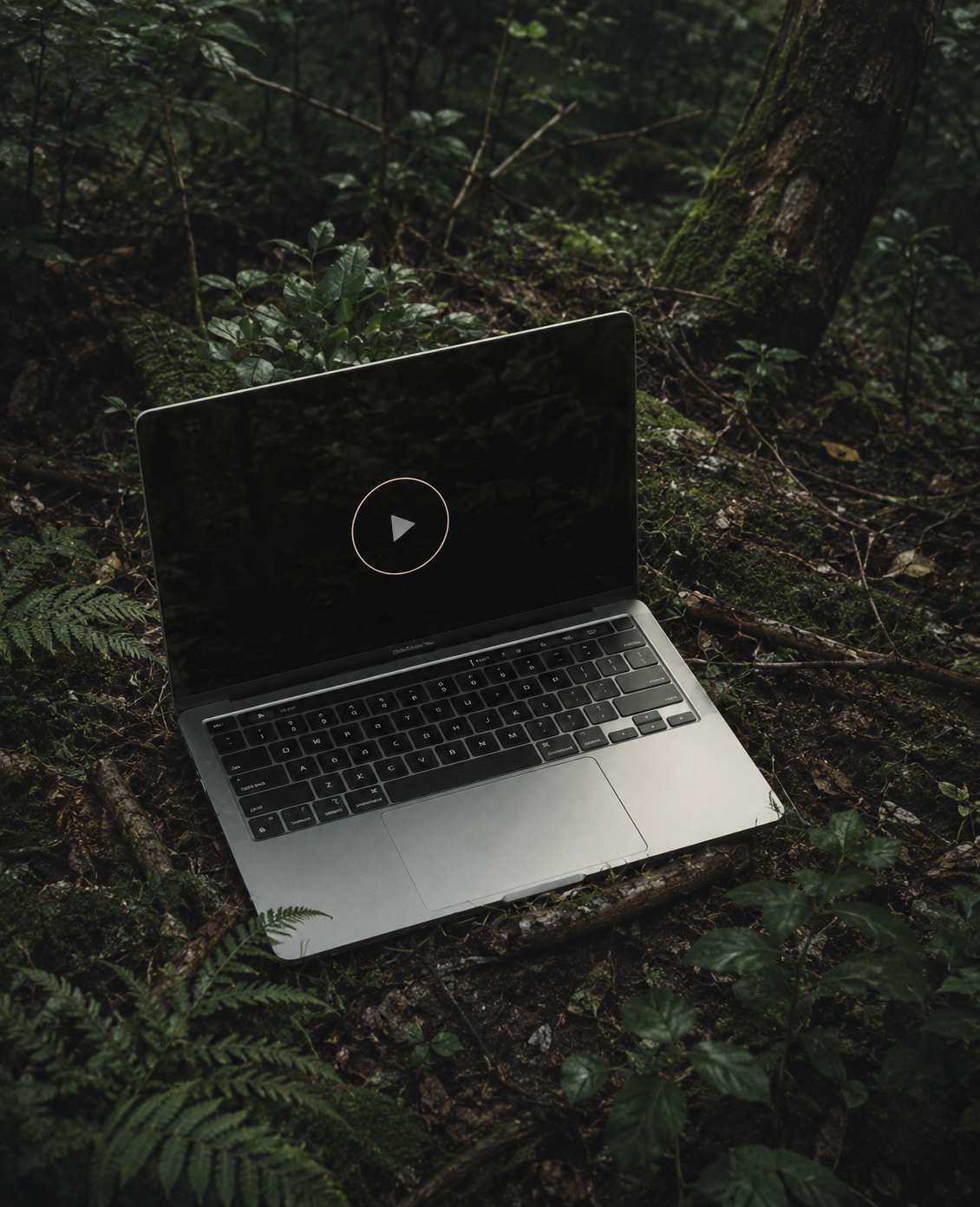 Een open laptop ligt op de bosgrond omringd door groene planten en boomwortels.