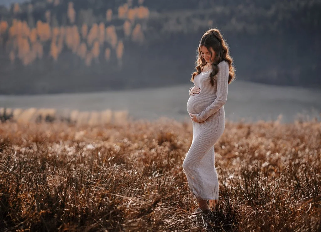 Eine schwangere Frau in einem hellen Strickkleid steht in einem Feld mit braunen Pflanzen, im Hintergrund Berge und Wälder bei Sonnenuntergang oder Sonnenaufgang.