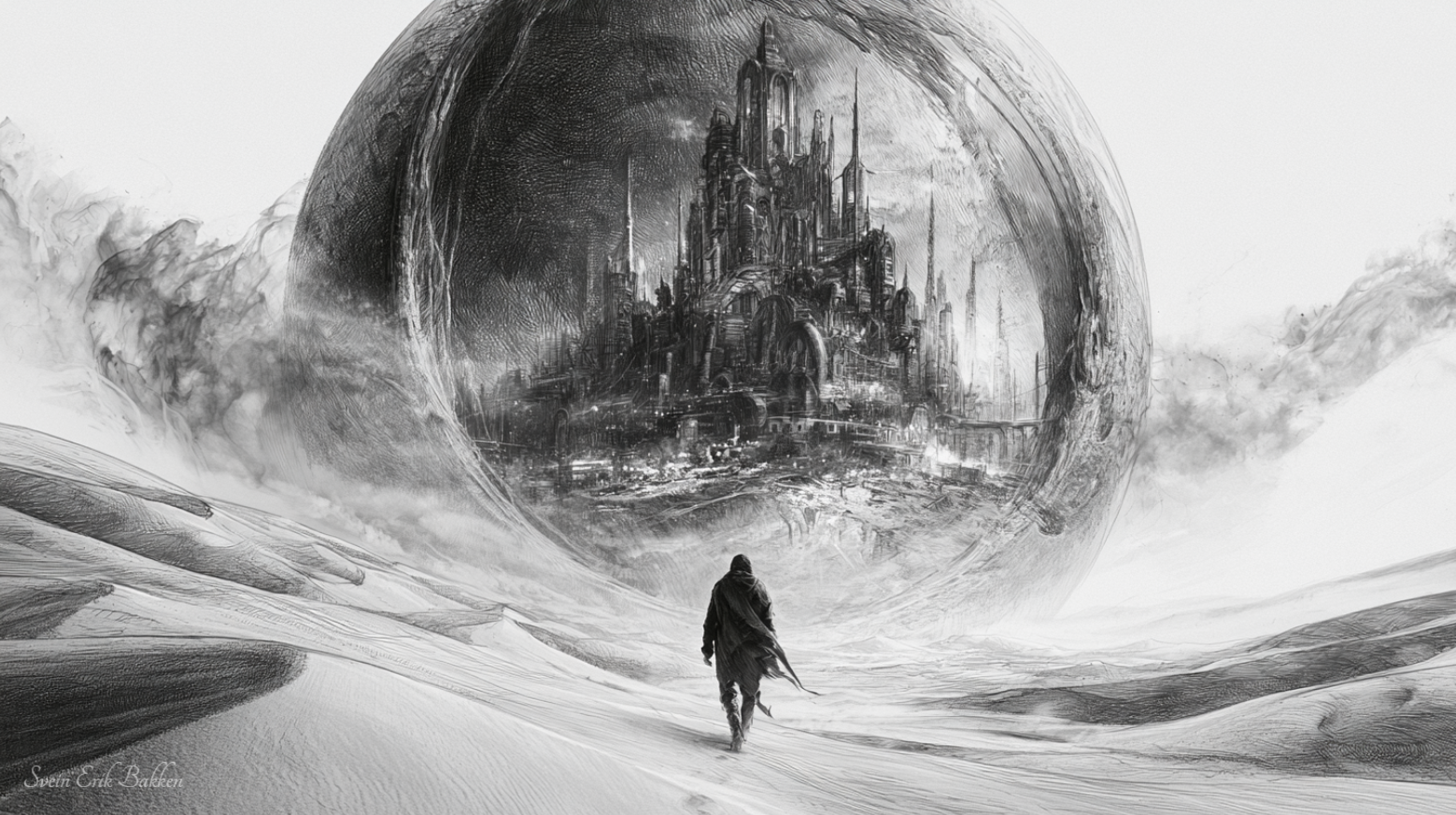 A solitary person walking across snowy desert landscape toward a giant, futuristic city within a crystal sphere in the sky.