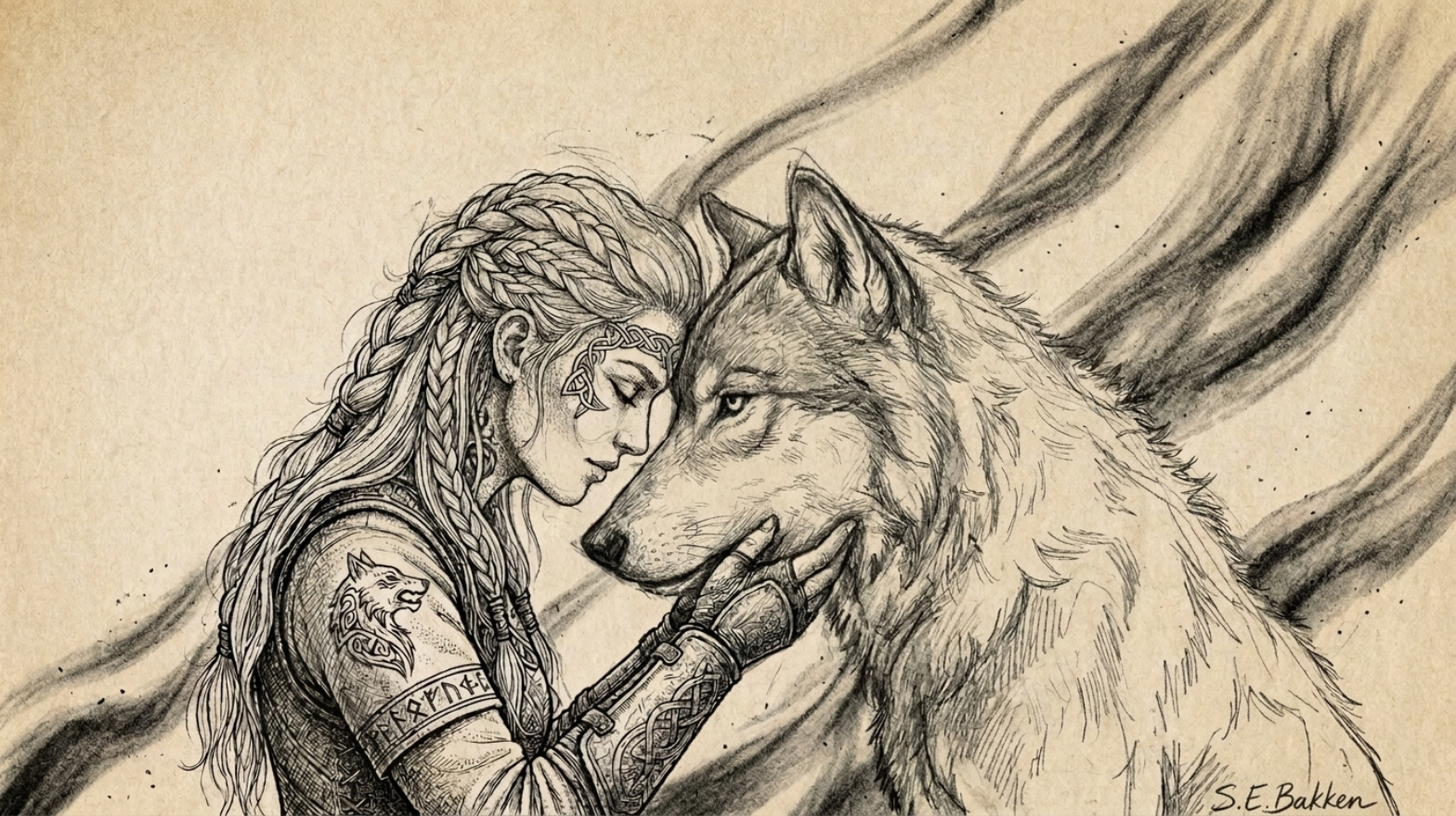 Line drawing of a woman with braided hair and tattoos, gently holding a wolf's face, with a flowing background.
