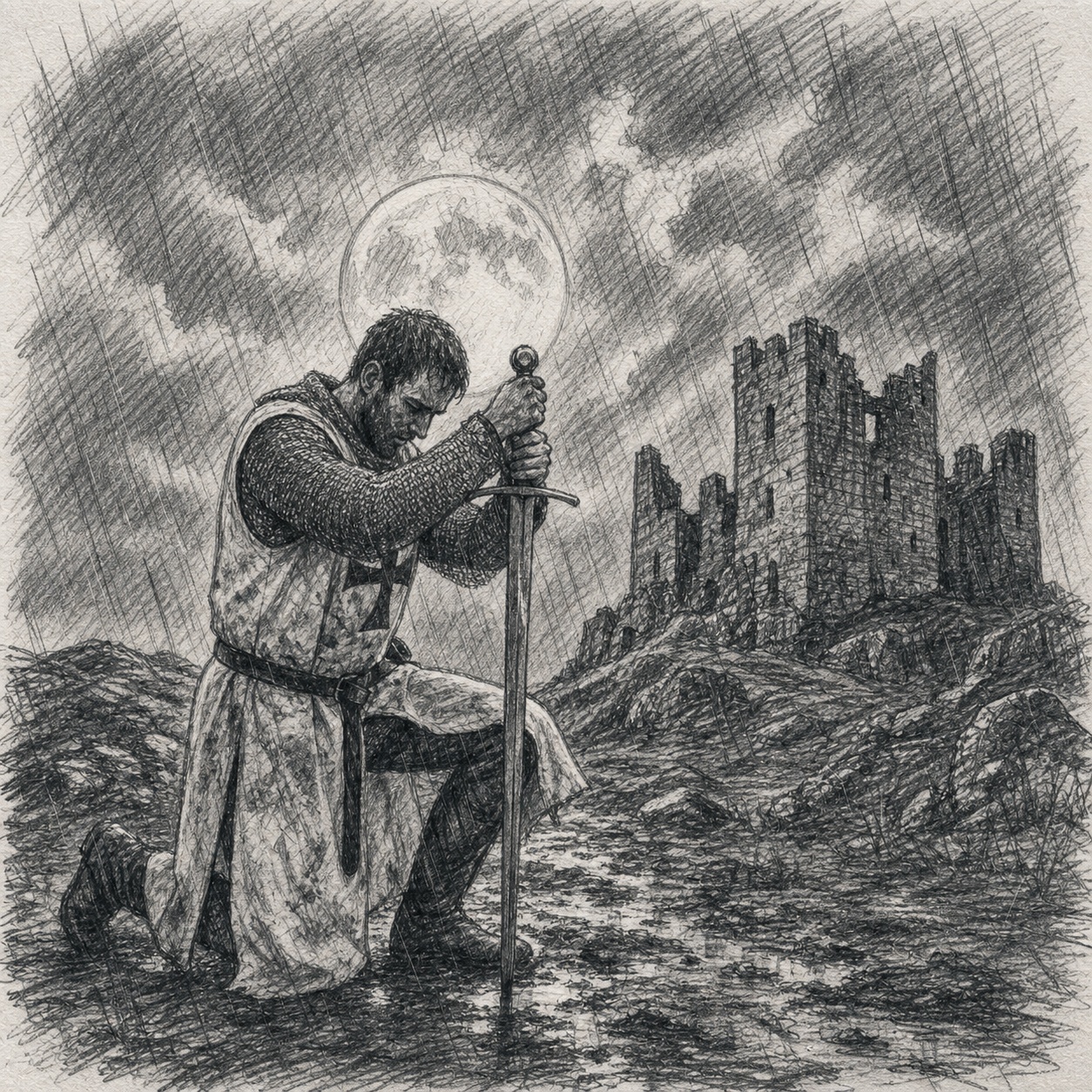 A detailed pencil sketch of a man kneeling on one knee, holding a sword with both hands, with a sorrowful expression. The background features a castle in ruins on a rocky hill, a large full moon, and a cloudy night sky with rain.