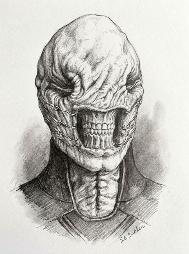 Black and white pencil drawing of a humanoid creature with a skull-like face, muscular neck, and oversized, wrinkled head, wearing a dark outfit.