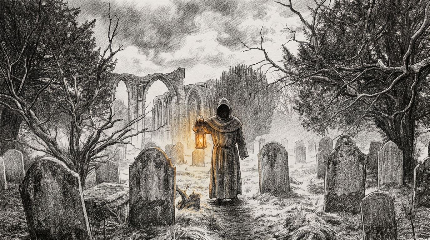 A hooded figure in a long cloak holding a lantern walking through an old graveyard with tombstones, leafless trees, and ruins in the background under a cloudy sky.