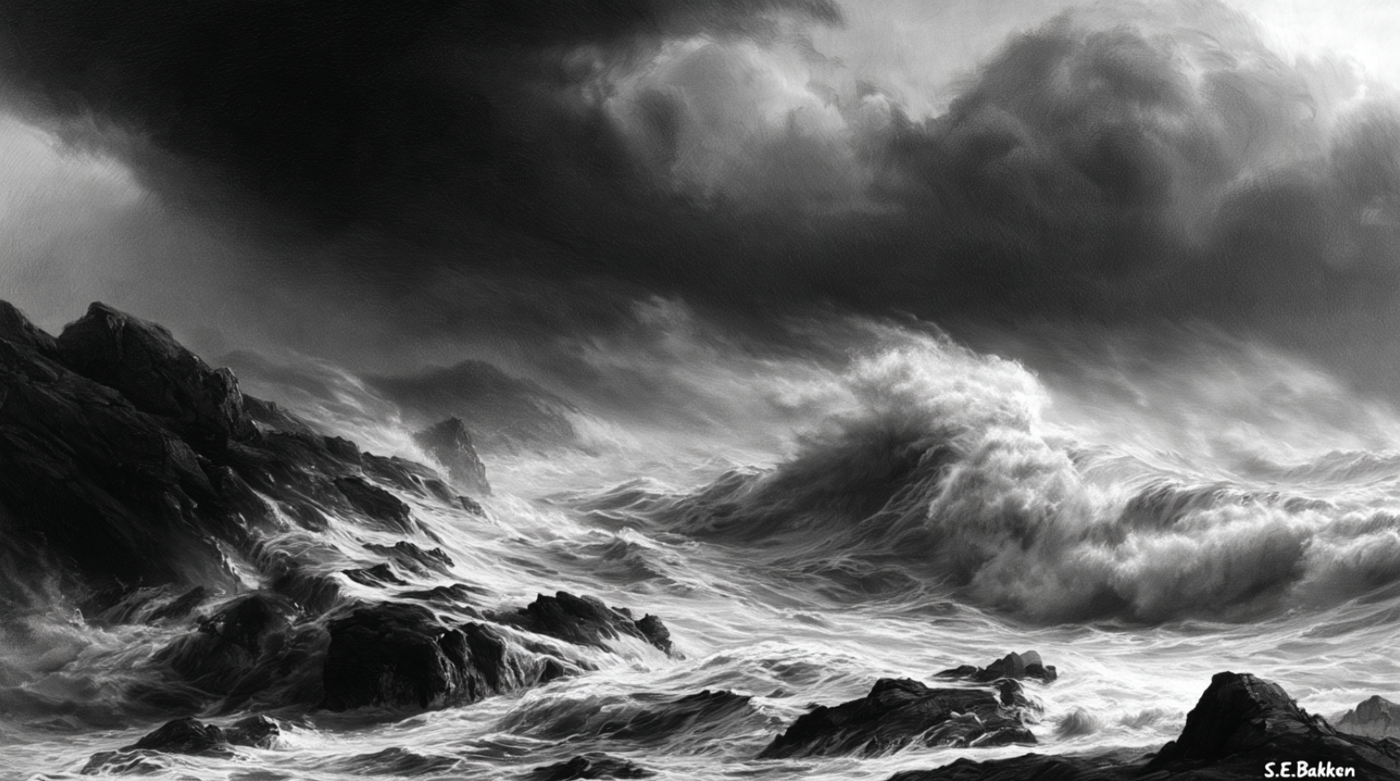 Black and white photograph of a stormy sea with large crashing waves and dark ominous clouds.