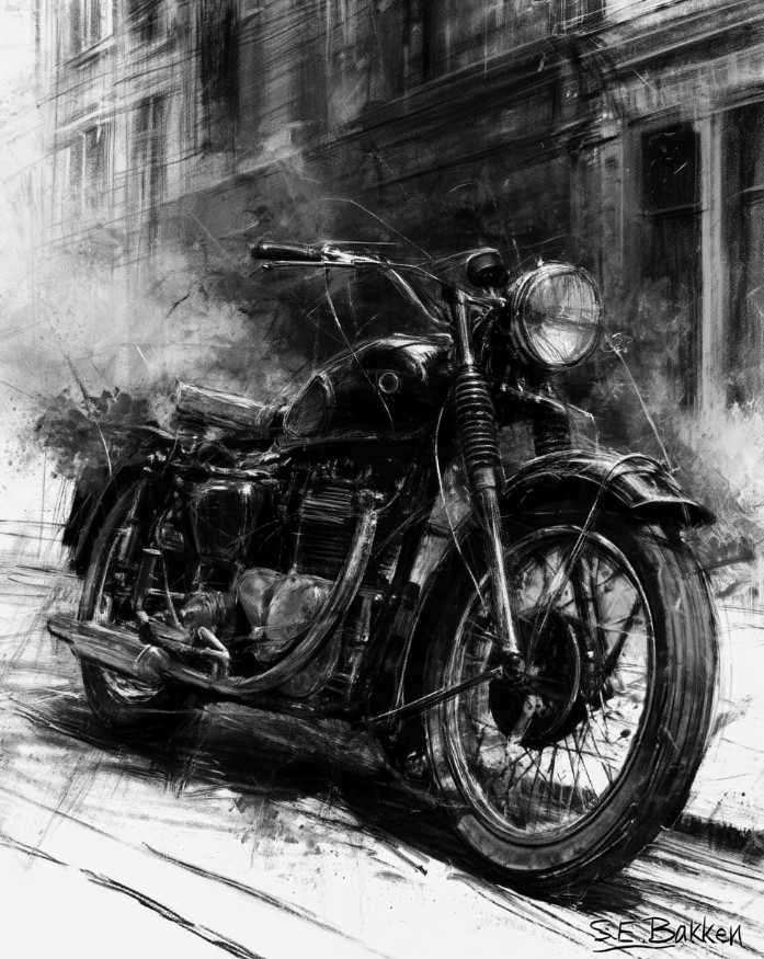 Black and white sketch of a vintage motorcycle parked on a street with old buildings in the background.