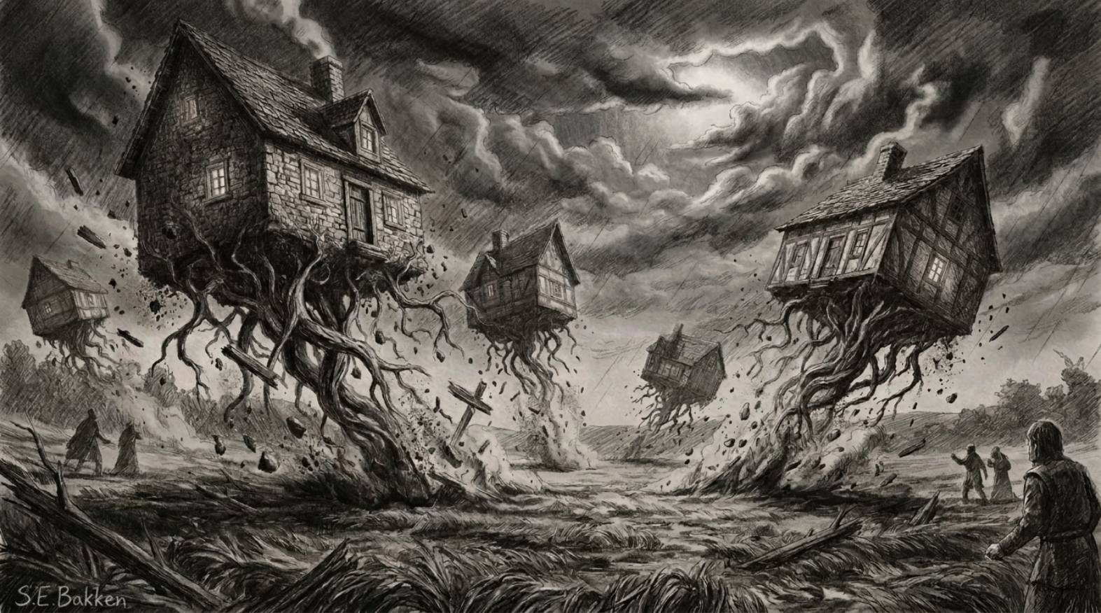 Dark, ominous sky with multiple houses being lifted off the ground by twisting tree roots or roots-like structures during a storm, with a few figures observing in the foreground.