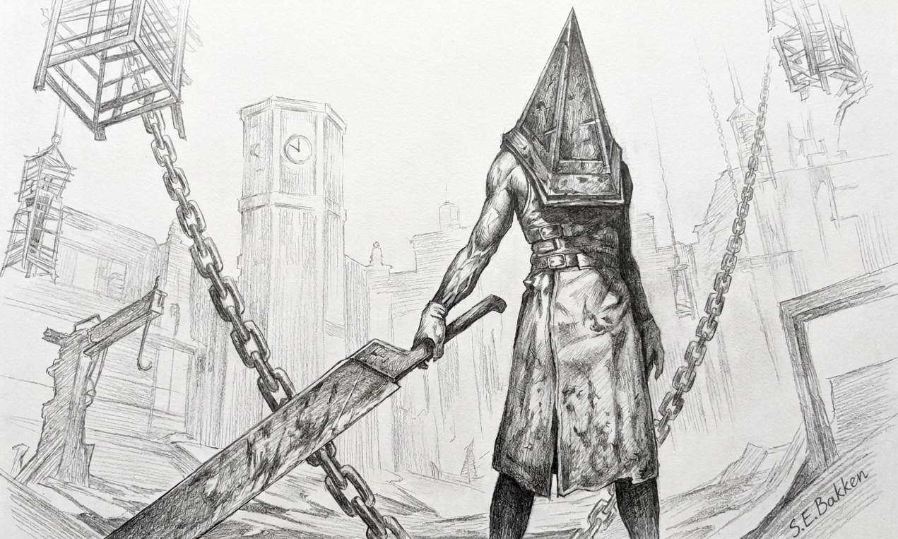A sketch of a figure with a pyramid-shaped head holding a large sword, standing in a ruined city with damaged buildings, chains, and a clock tower in the background.