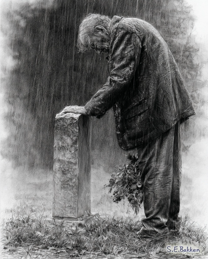 A black and white drawing of an elderly man standing with head bowed and hands resting on a stone monument, holding flowers, in a somber, reflective pose.