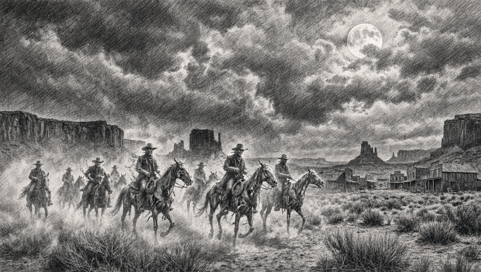 Black and white illustration of a group of cowboys riding horses through a desert landscape with cacti, under a cloudy night sky with a full moon, Old West town in the background.
