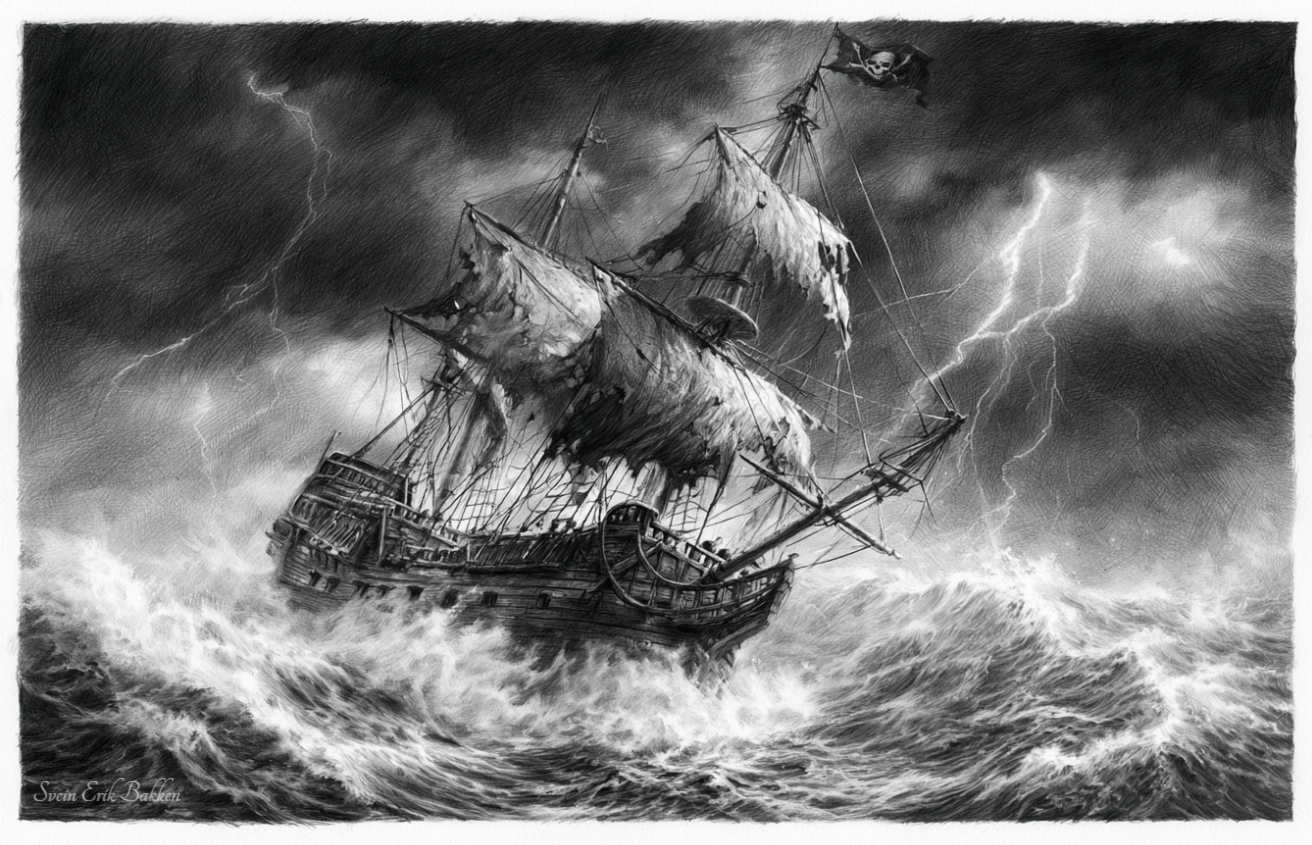 A black and white drawing of a distressed pirate ship in stormy seas with lightning, dark clouds, and a pirate flag with a skull and crossbones.