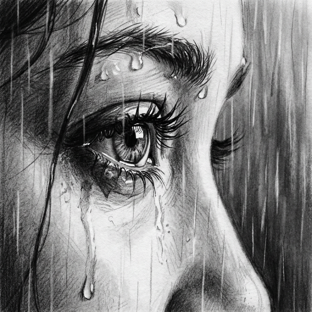A detailed black and white drawing of a person's face showing a close-up of an eye with tears streaming down, some tears dripping from the eyelid, and rain falling.
