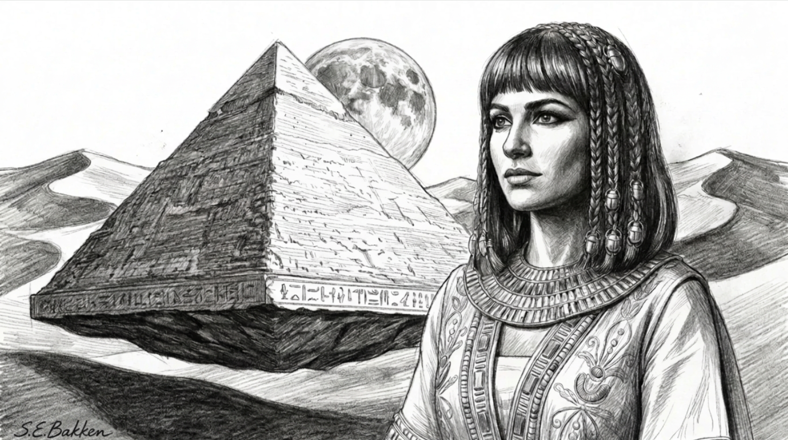 Black and white drawing of a woman in ancient Egyptian attire with braids adorned with beads, standing in front of a pyramid and a full moon in a desert landscape.