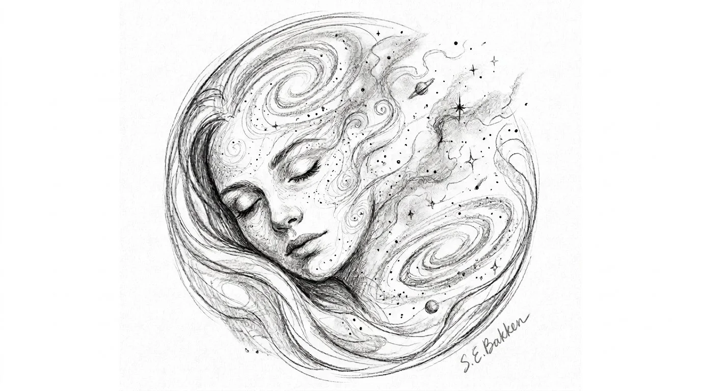 A black and white sketch of a woman with closed eyes, surrounded by swirling galaxy elements, stars, planets, and cosmic dust, with her hair blending into the galaxy. The artist's signature, S. E. Bakkeren, is at the bottom right.
