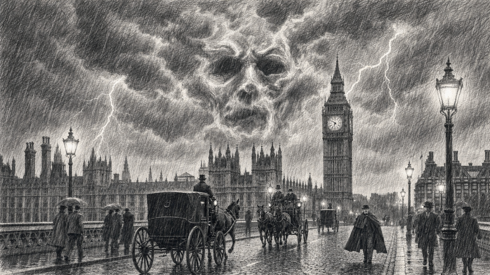 A black and white illustration of a rainy day on Westminster Bridge in London with Big Ben in the background. There are horse-drawn carriages, pedestrians with umbrellas, and a giant skull face formed in storm clouds.